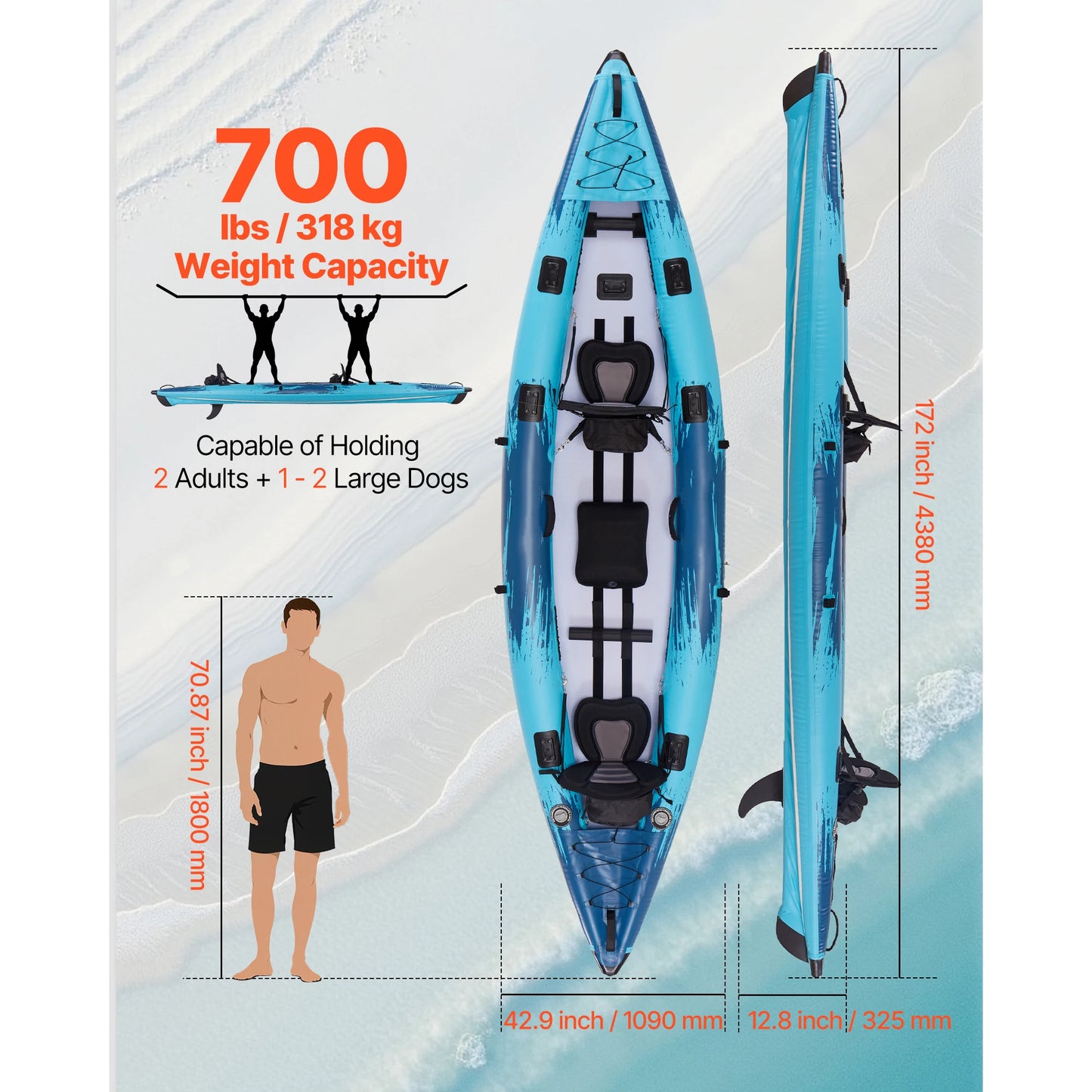 Inflatable Kayak, 2-Person Inflatable Recreational Kayak 700LBS Capacity, Leak & Puncture-Resistant with Padded Seat, PVC Drop-Stitch Floor, 2 Paddles, Hand Pump & Carry Bag for Fishing Camping