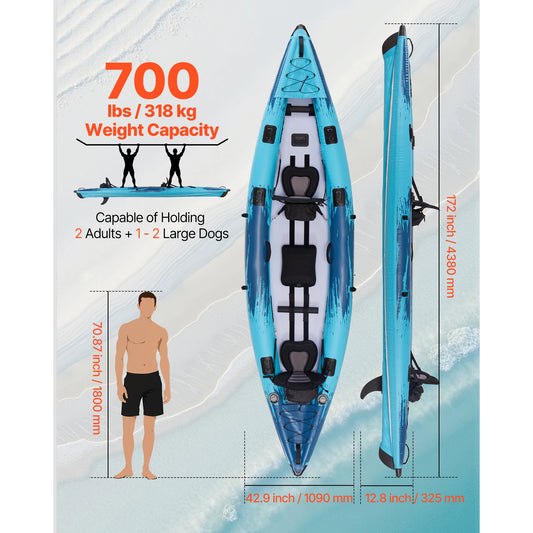 Inflatable Kayak, 2-Person Inflatable Recreational Kayak 700LBS Capacity, Leak & Puncture-Resistant with Padded Seat, PVC Drop-Stitch Floor, 2 Paddles, Hand Pump & Carry Bag for Fishing Camping