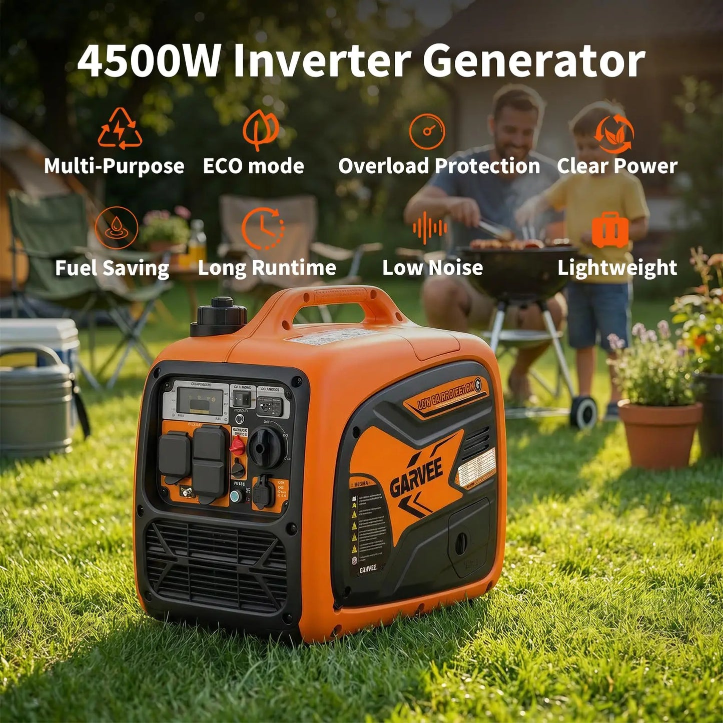 4500W Portable Inverter Generator Gas Powered For Home Camping RV Quiet CO Sensor USB Ports 1.59Gal Tank RV Ready