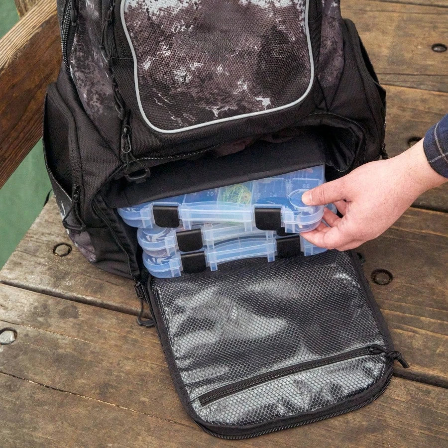 Deluxe Fishing Tackle Backpack Midnight for Outdoor Anglers Durable Nylon Black with Multiple Compartments