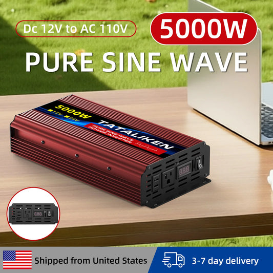 5000W Pure Sine Wave Inverter 12V 24V DC to AC 110V US Outlet Digital Screen Temp-Controlled Fan for Car Vehicle RV Solar
