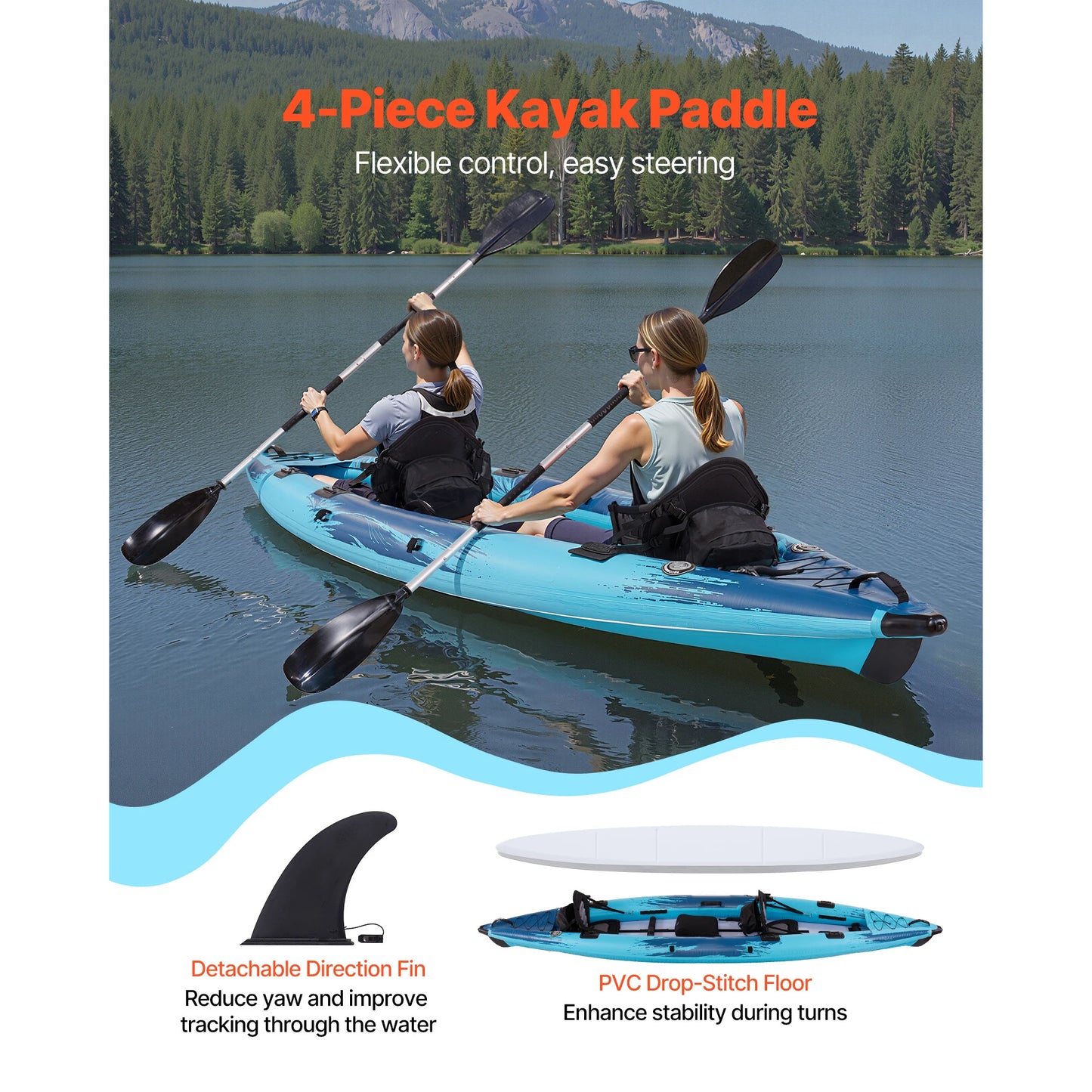 Inflatable Kayak, 2-Person Inflatable Recreational Kayak 700LBS Capacity, Leak & Puncture-Resistant with Padded Seat, PVC Drop-Stitch Floor, 2 Paddles, Hand Pump & Carry Bag for Fishing Camping