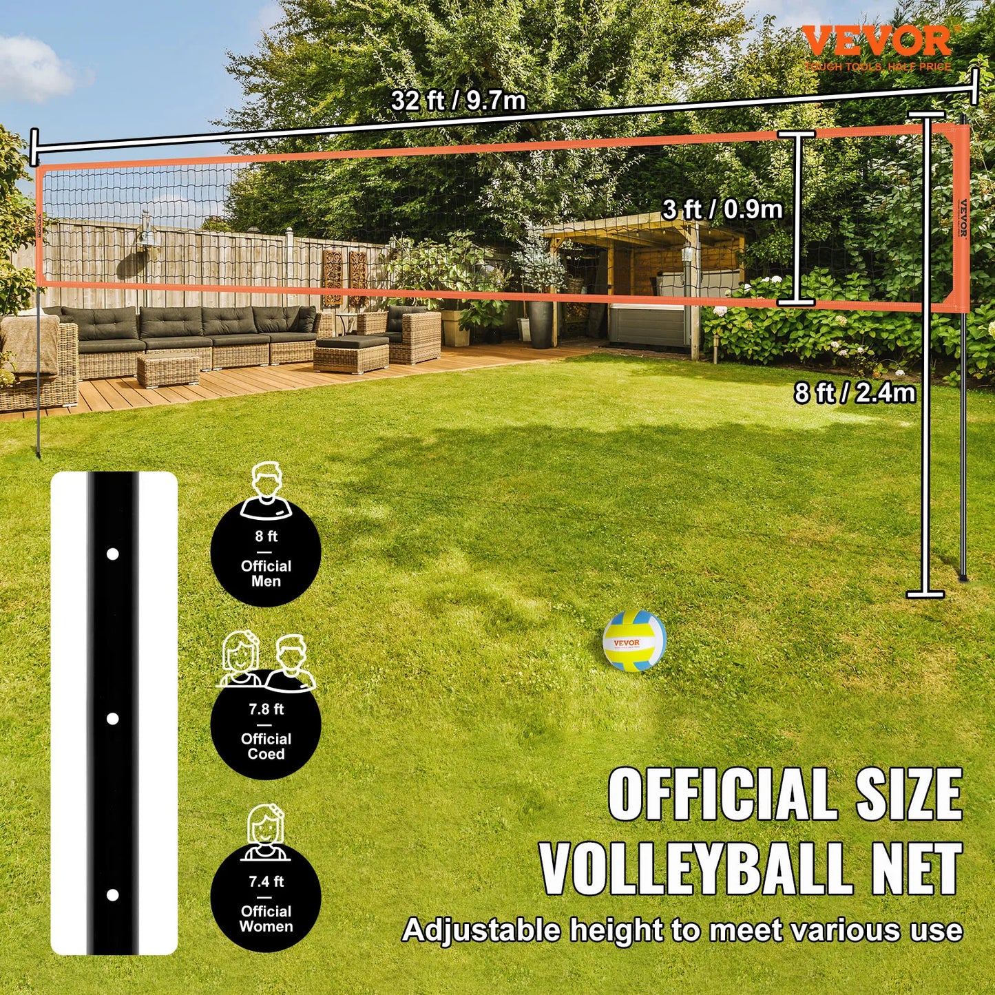 1.25-1.75inch poles, Outdoor Volleyball Net System Adjustable Height Aluminum Poles Volleyball Set with Pump Carrying Bag