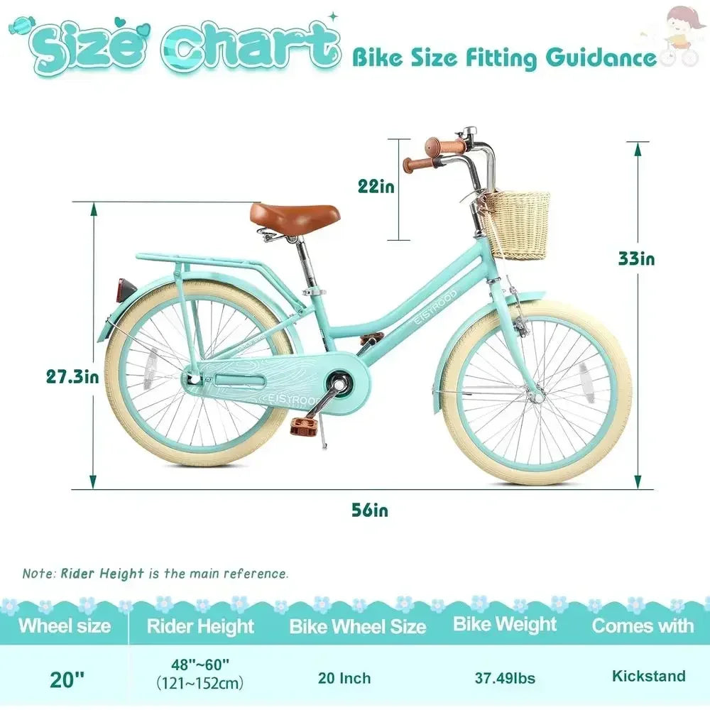 20 Inch Girls' Bike with Basket, Kickstand, Suspension, and Dual-Disc Brakes for Ages 5-12