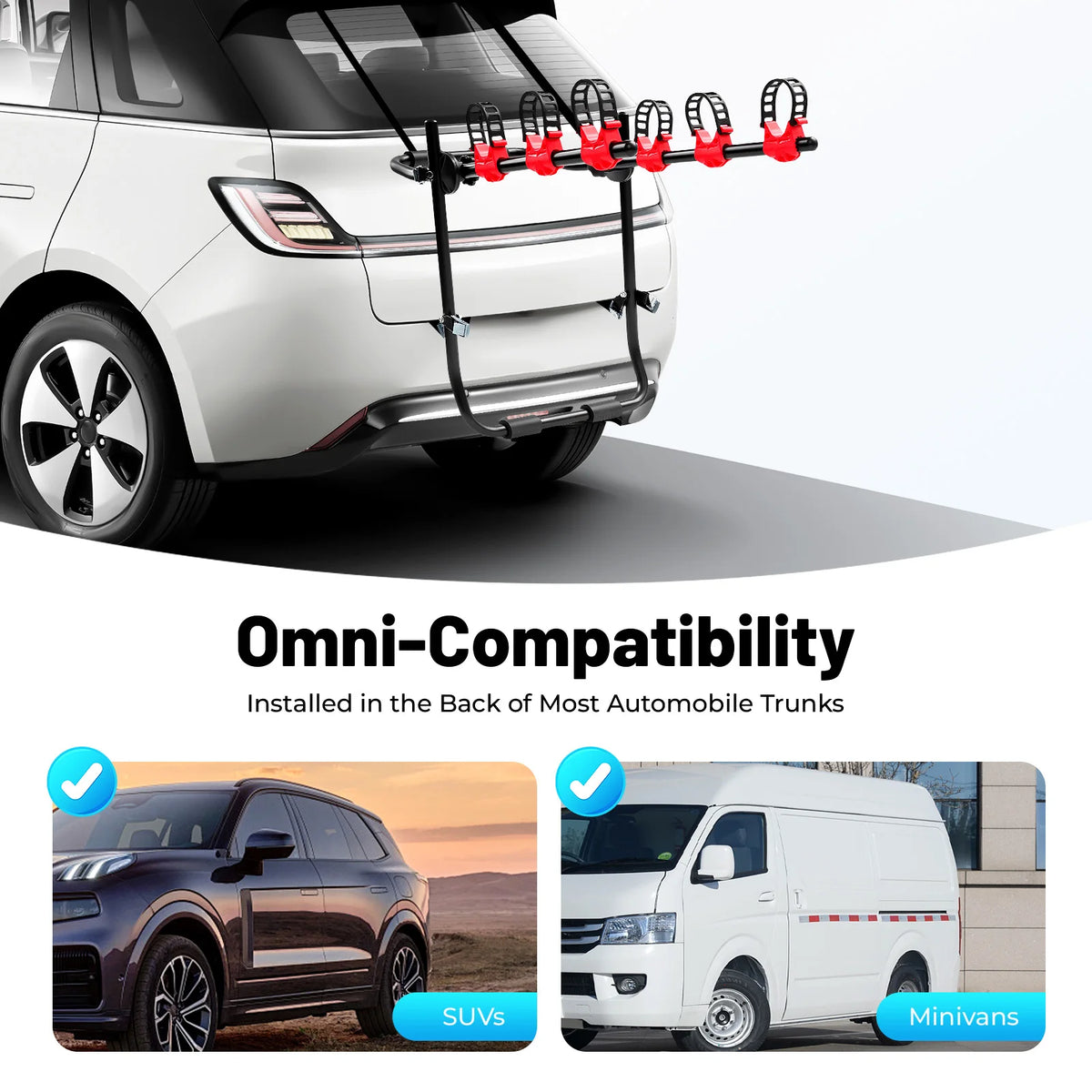 Universal Trunk Bike Rack 3 Bicycles, Carbon Steel Bicycle Carrier for Car Trunk SUV, Foldable Bike Holder with Safety Buckle