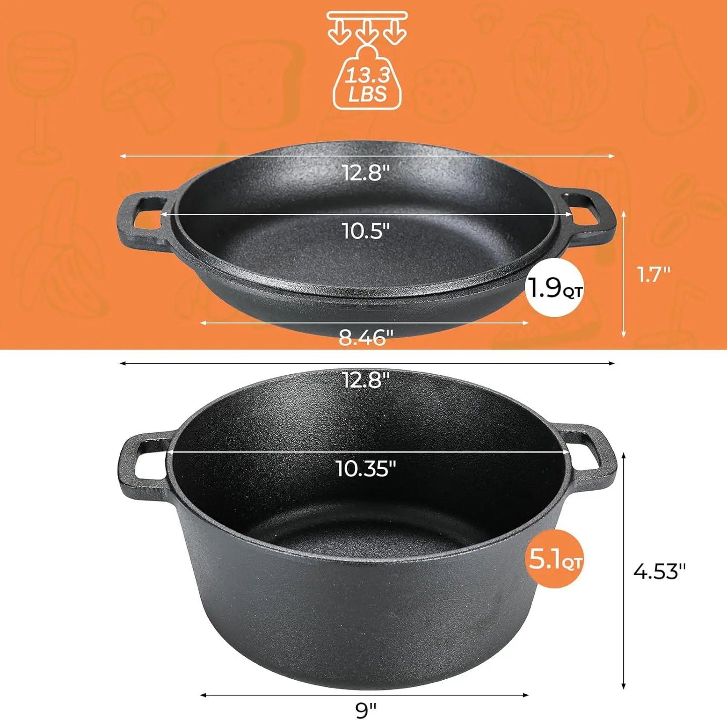 Pre-Seasoned Cast Iron Double Dutch Oven With Loop Handles, 5.1 Quart Pot + 1.9 Quart Lid - Cast Iron Dutch Oven with Lid