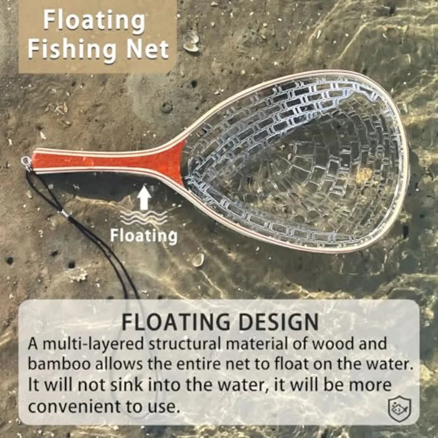 Square Head Fly Fishing Landing Net Trout Soft 23.62in Rubber Catch and Release Fish Net with Wooden Handle Frame Magnetic Fly
