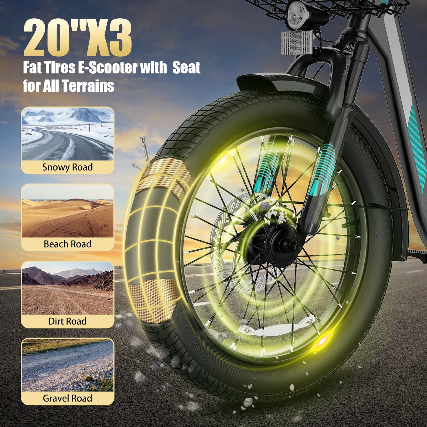 Peak 560W Electric Scooter with Seat,20" Fat Tire Electric Bike,Adult Scooter for Commuting with Basket&Adjustable Seat