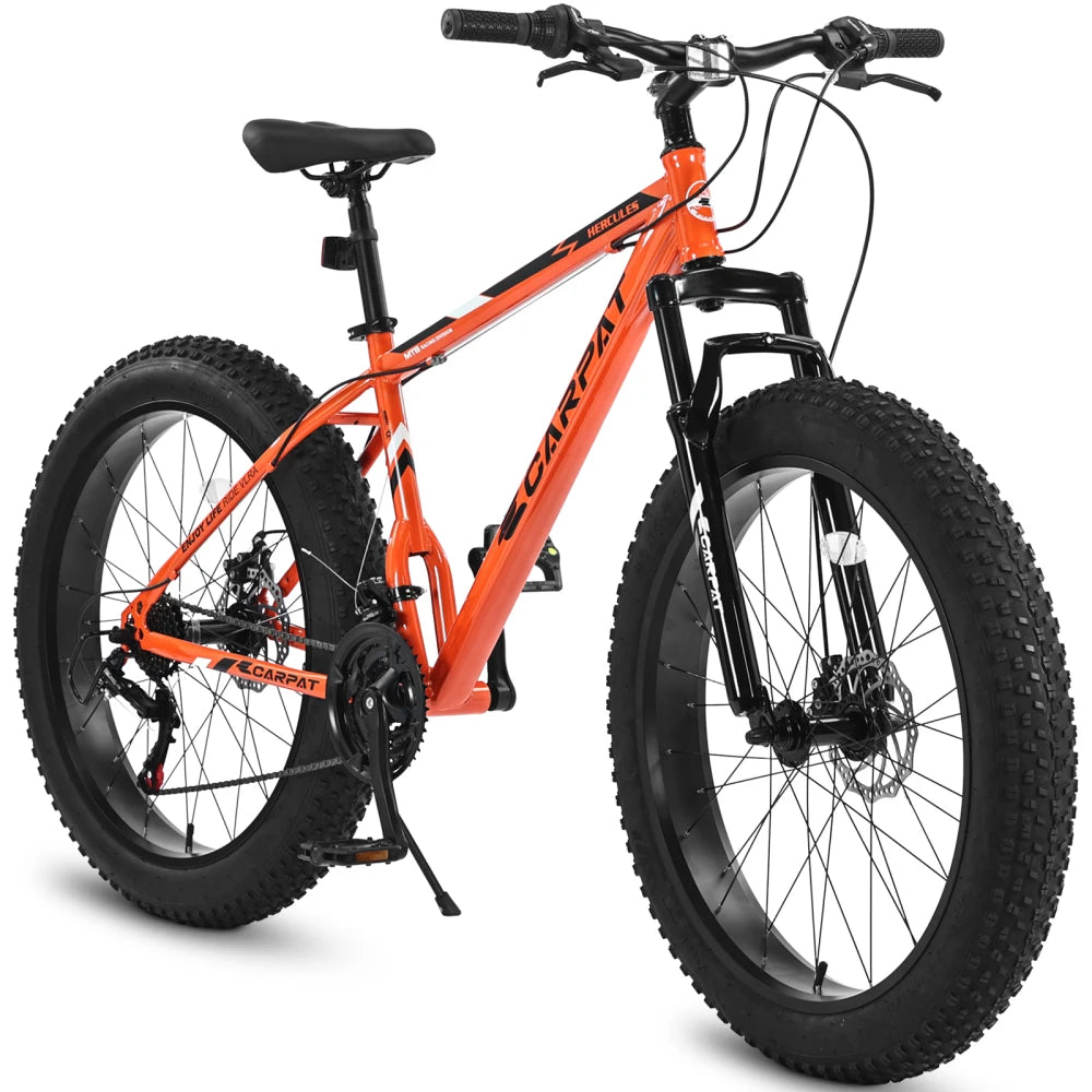 26 Inch Adult Fat Tire Mountain Bike, 21 Speed Gears, High Carbon Steel Frame, Front Suspension, Front Rear Dual Disc Brakes, All Terrain Bicycle for Mountain & City Commute