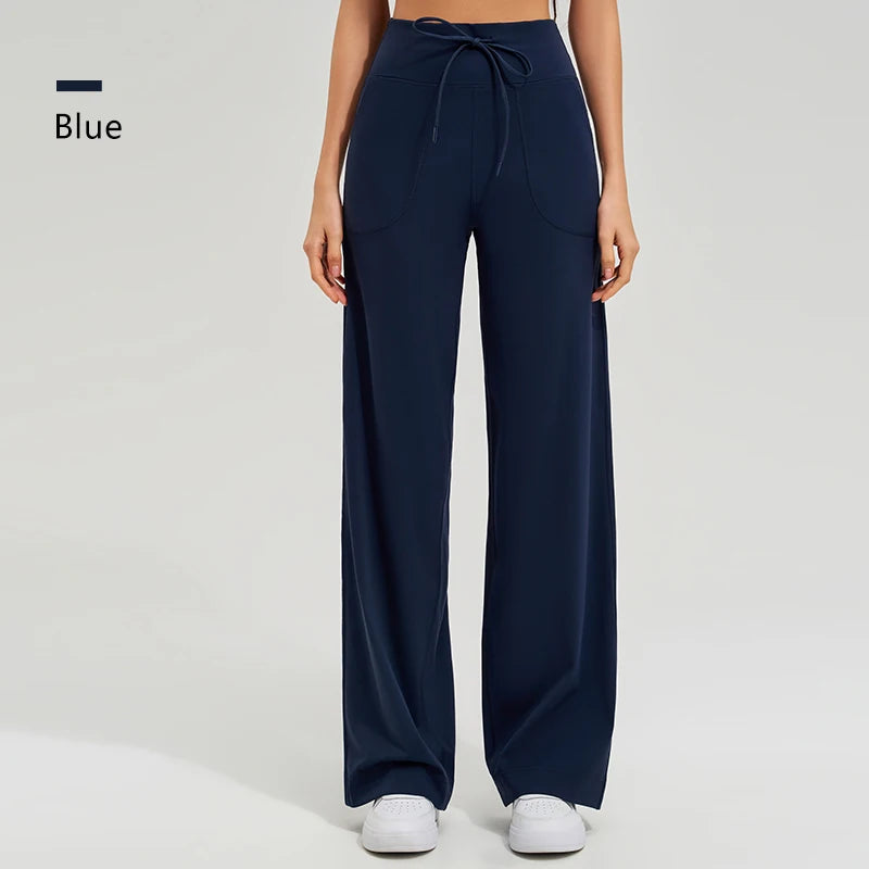 Women's High Waist Yoga Pants Gym Loose Running Pants Double Side Brushed with Pockets Pants Ties