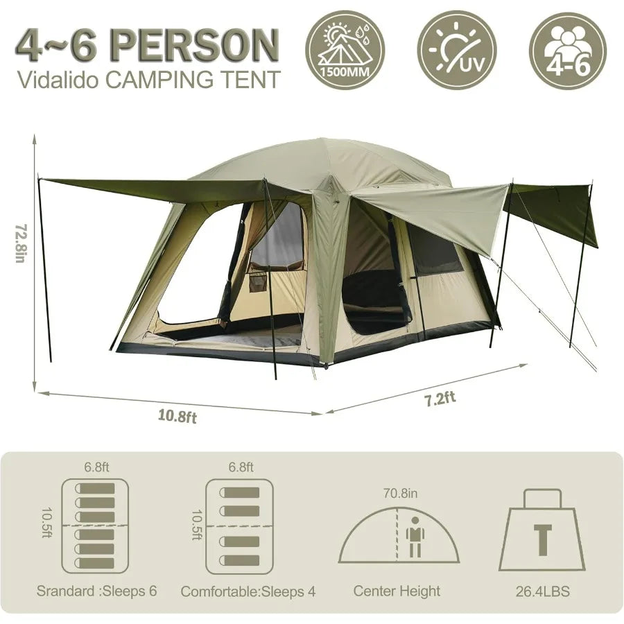 4-6 Person Large Family Cabin Camping Tent with 3 Doors and 2 Rooms Double Layer Waterproof Portable Glamping Tent for Outdoor