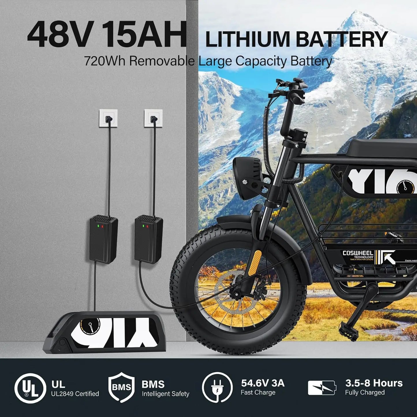 Coswheel Electric Bike1000W 48V 15AH Commuting E bike Y16 Fat Tire Mountain Electric Bike Adult Off-Road Electric bicycle