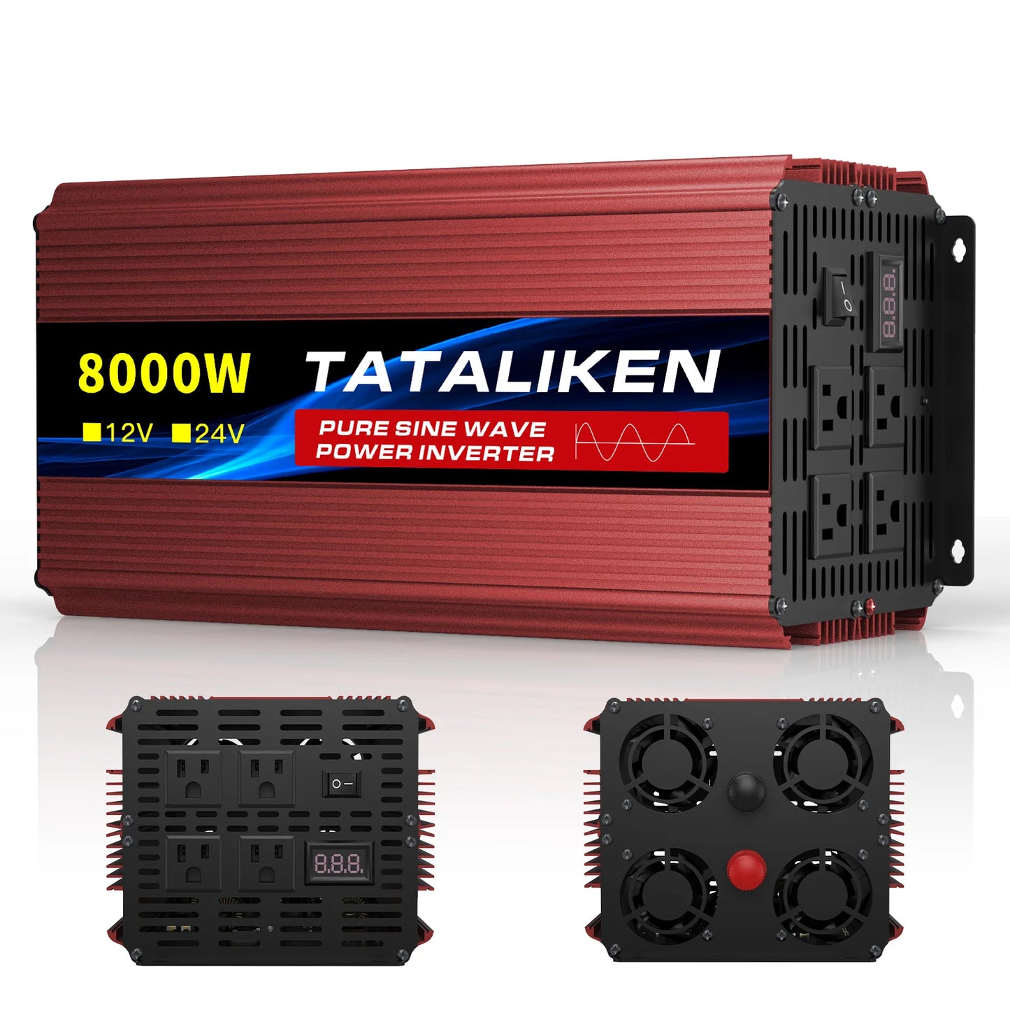 5000W Pure Sine Wave Inverter 12V 24V DC to AC 110V US Outlet Digital Screen Temp-Controlled Fan for Car Vehicle RV Solar