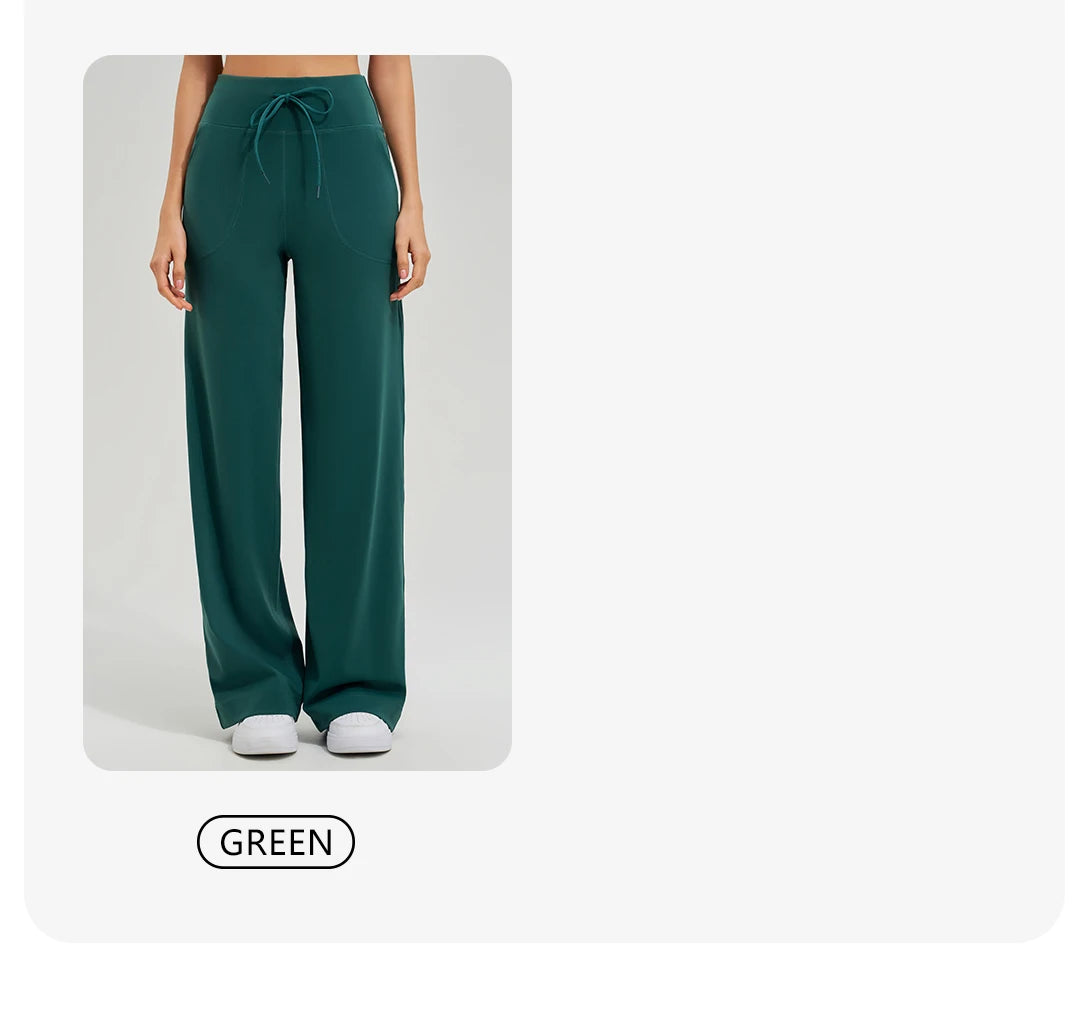 Women's High Waist Yoga Pants Gym Loose Running Pants Double Side Brushed with Pockets Pants Ties
