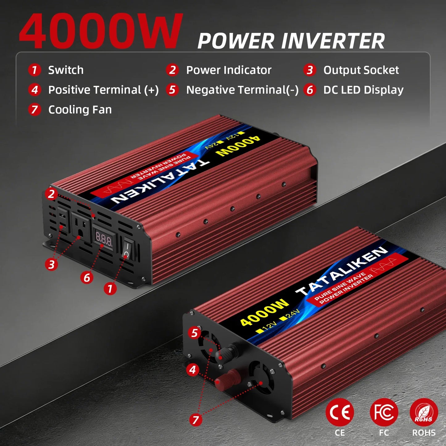 5000W Pure Sine Wave Inverter 12V 24V DC to AC 110V US Outlet Digital Screen Temp-Controlled Fan for Car Vehicle RV Solar