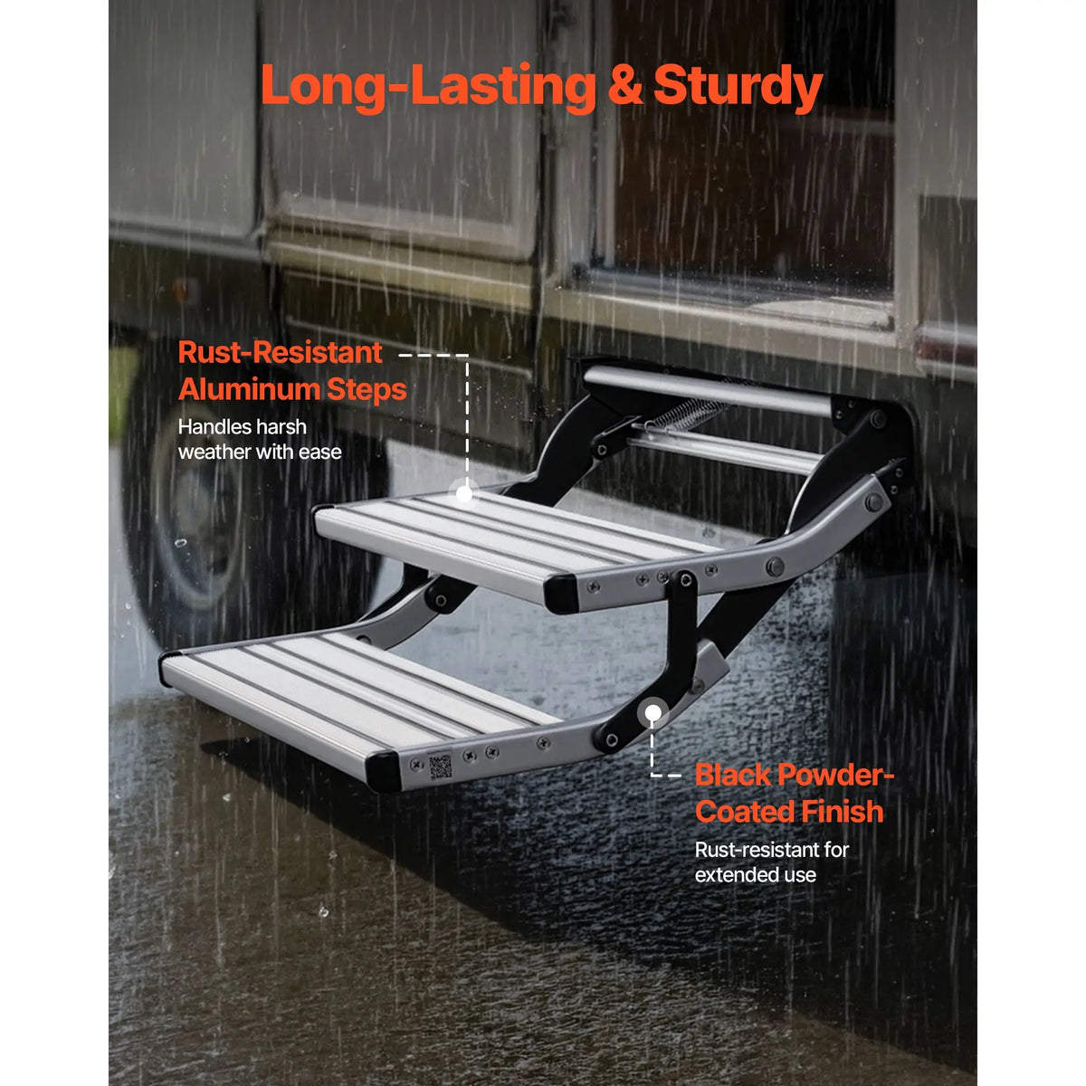 RV Steps, 2-Step, 440 lbs Load Capacity, Manual Retractable RV Stairs, Telescopic Folding Aluminum Alloy Camper Steps, Steel Frame Non-Slip Entry Stairs for Camper Van Motorhome Travel Trailer