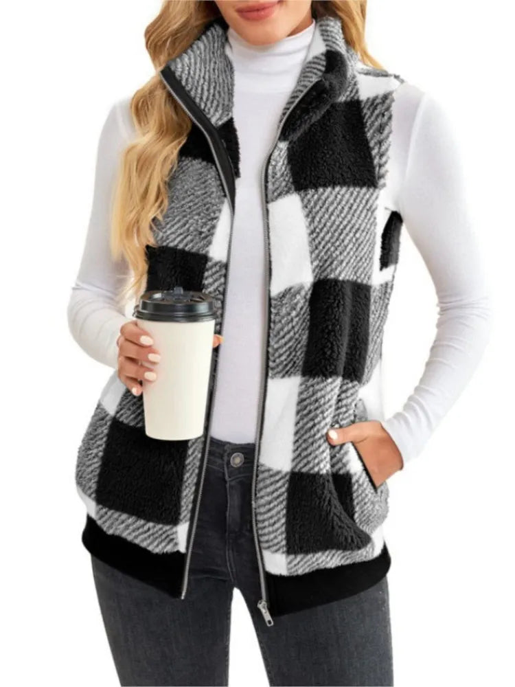 Autumn Winter Plaid Fleece Hoodie Vest Women's  Stand Collar Casual Pocket