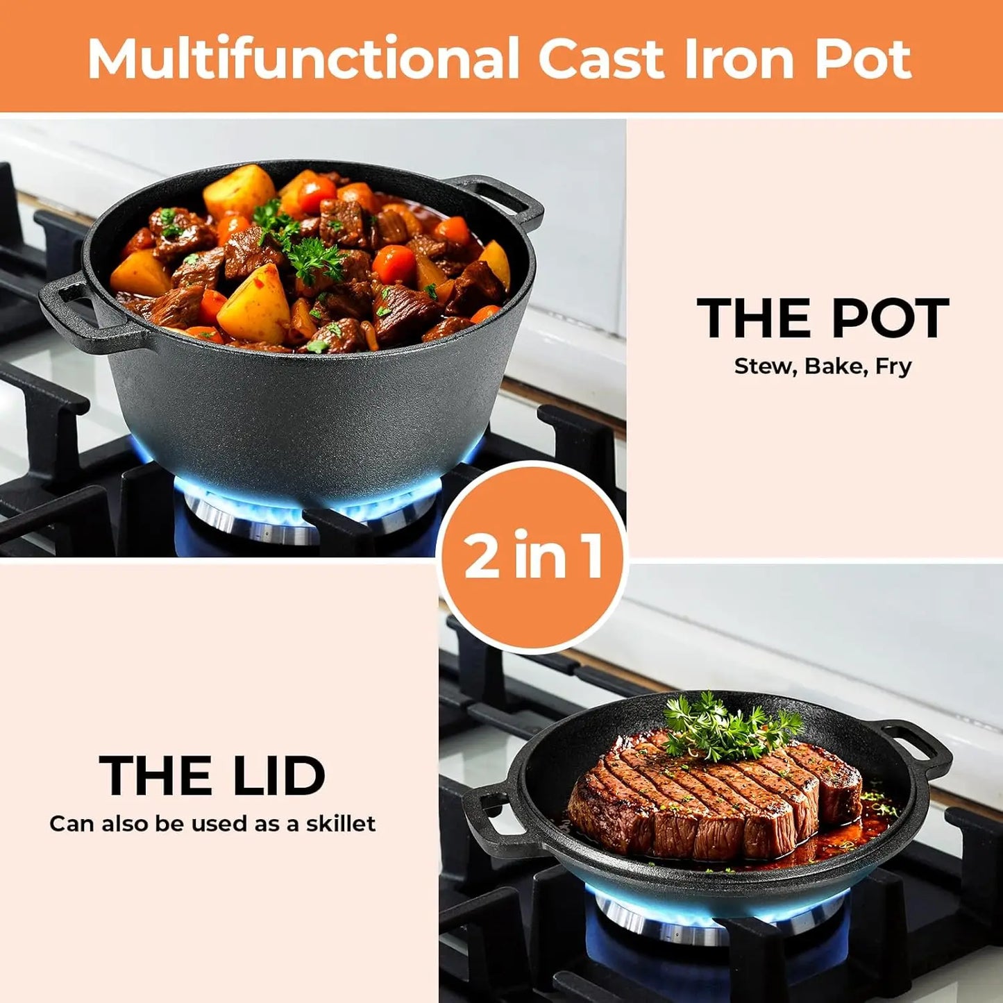 Pre-Seasoned Cast Iron Double Dutch Oven With Loop Handles, 5.1 Quart Pot + 1.9 Quart Lid - Cast Iron Dutch Oven with Lid
