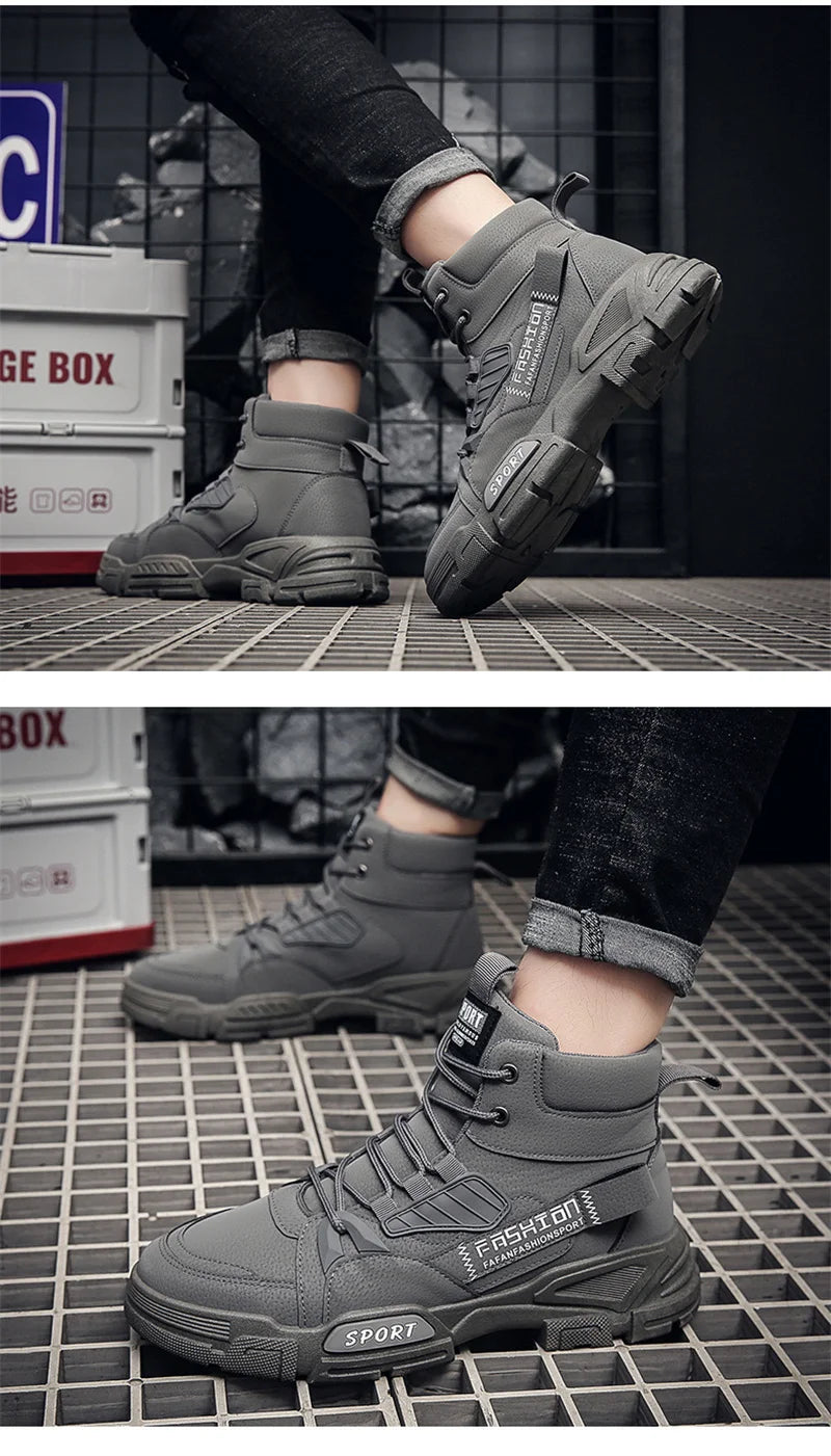 2024 Spring New Leisure Shoes for Men Outdoor Work Boots Trendy Fashion Leather Boots High Top