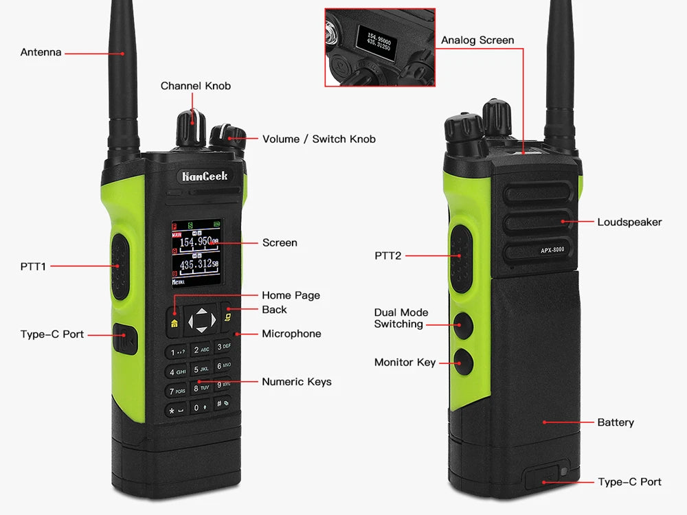 HAMGEEK APX-8000 Green 12W 128CH VHF UHF Walkie Talkie Dual Band Radio Dual PTT and Duplex