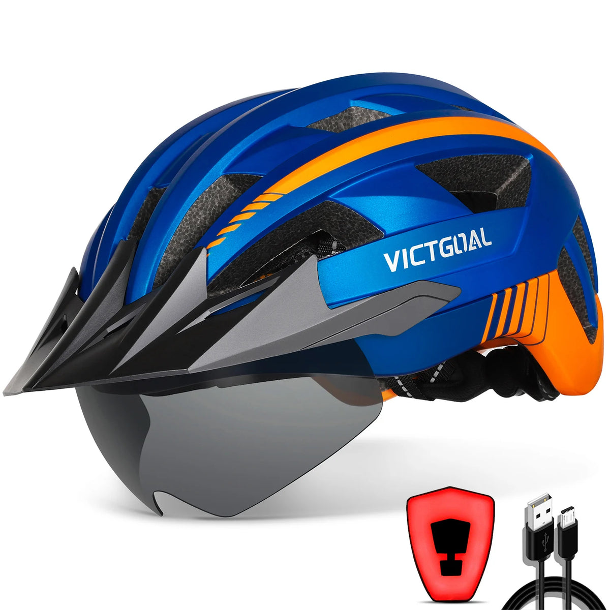 VICTGOAL Adults Mountain Bike Helmets with Goggles Visor Men Women USB Rear Light Bicycle Safety Caps Road Bike Electric Scooter Cycling Helmets