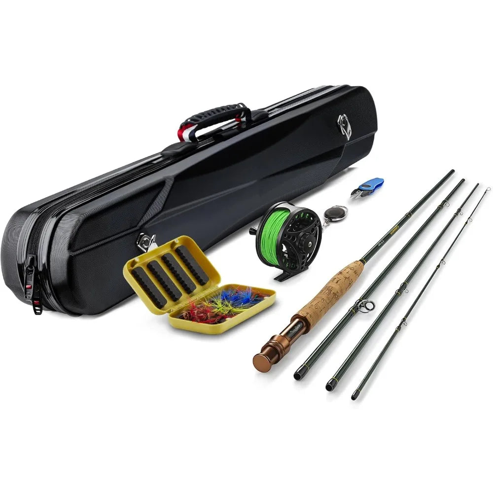 Fly Fishing Rod and Reel Combo Starter Kit, Fly Rod 4-Piece Carbon Fiber, Aluminum Fly Reel, 12Pcs Flies, Fishing Line