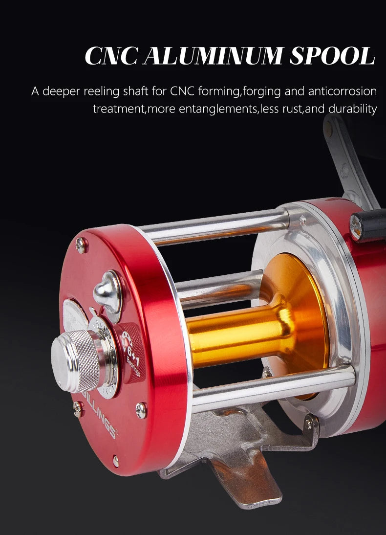 BILLINGS Trolling Drum Fishing Reel 20LB Max Drag 4.2/5.2:1 Gear Ratio CNC Aluminum Spool 6+1 Stainless Steel Bearings Smooth Right Hand Baitcasting Reel for Freshwater Saltwater
