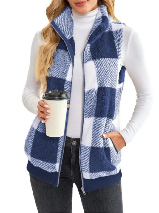 Autumn Winter Plaid Fleece Hoodie Vest Women's  Stand Collar Casual Pocket