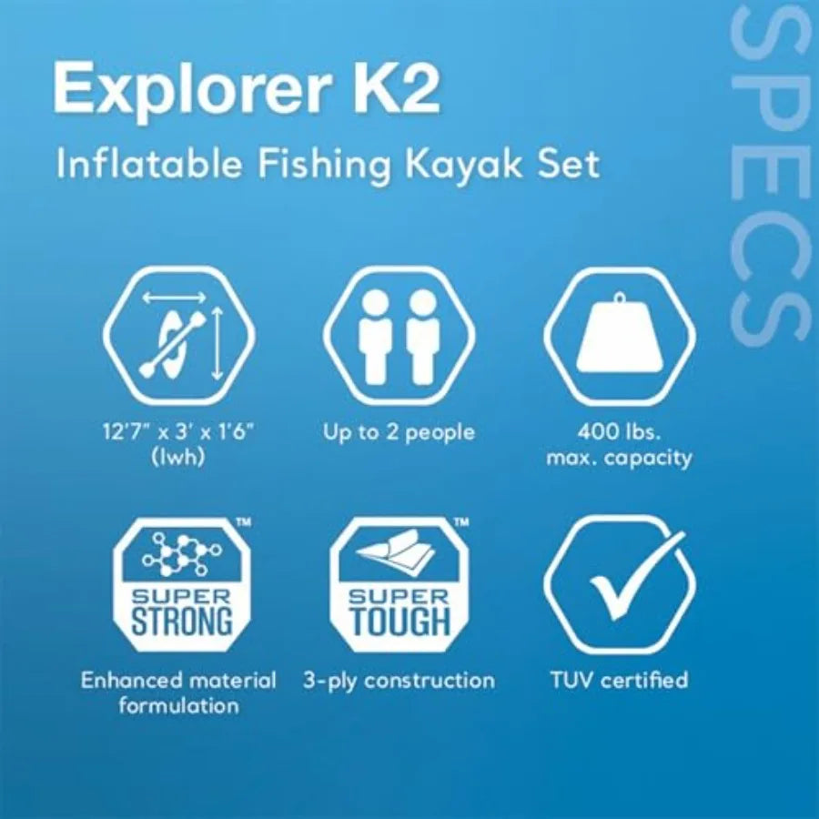 Excursion Pro Inflatable Kayak Set For Outdoor Recreation: SuperTough PVC, Blue And Gray, 2-Person With 400lb Capacity And Adju