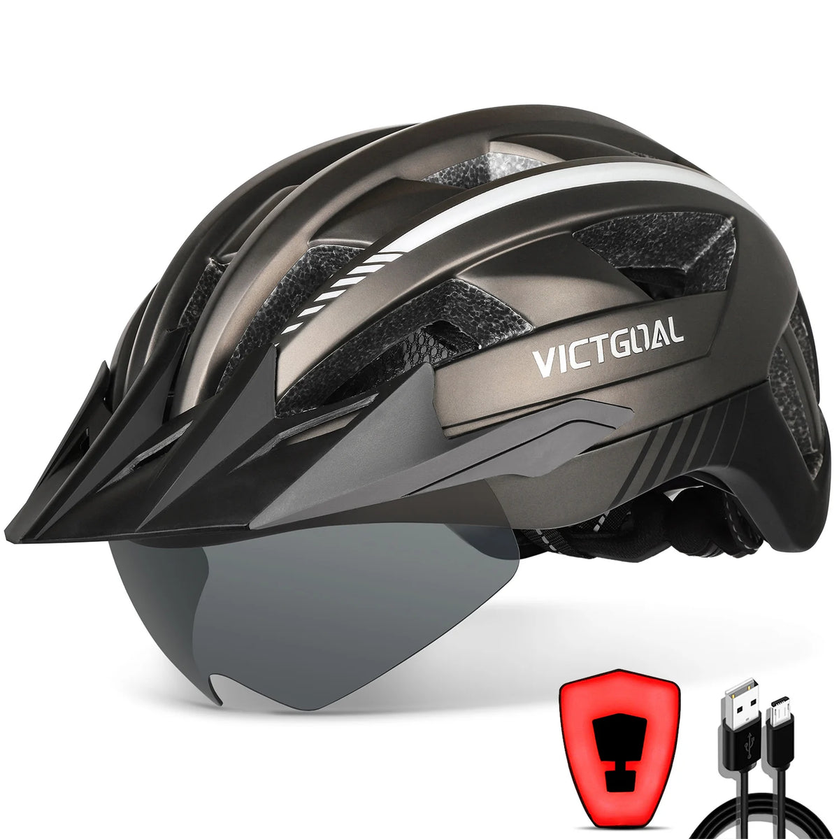 VICTGOAL Adults Mountain Bike Helmets with Goggles Visor Men Women USB Rear Light Bicycle Safety Caps Road Bike Electric Scooter Cycling Helmets