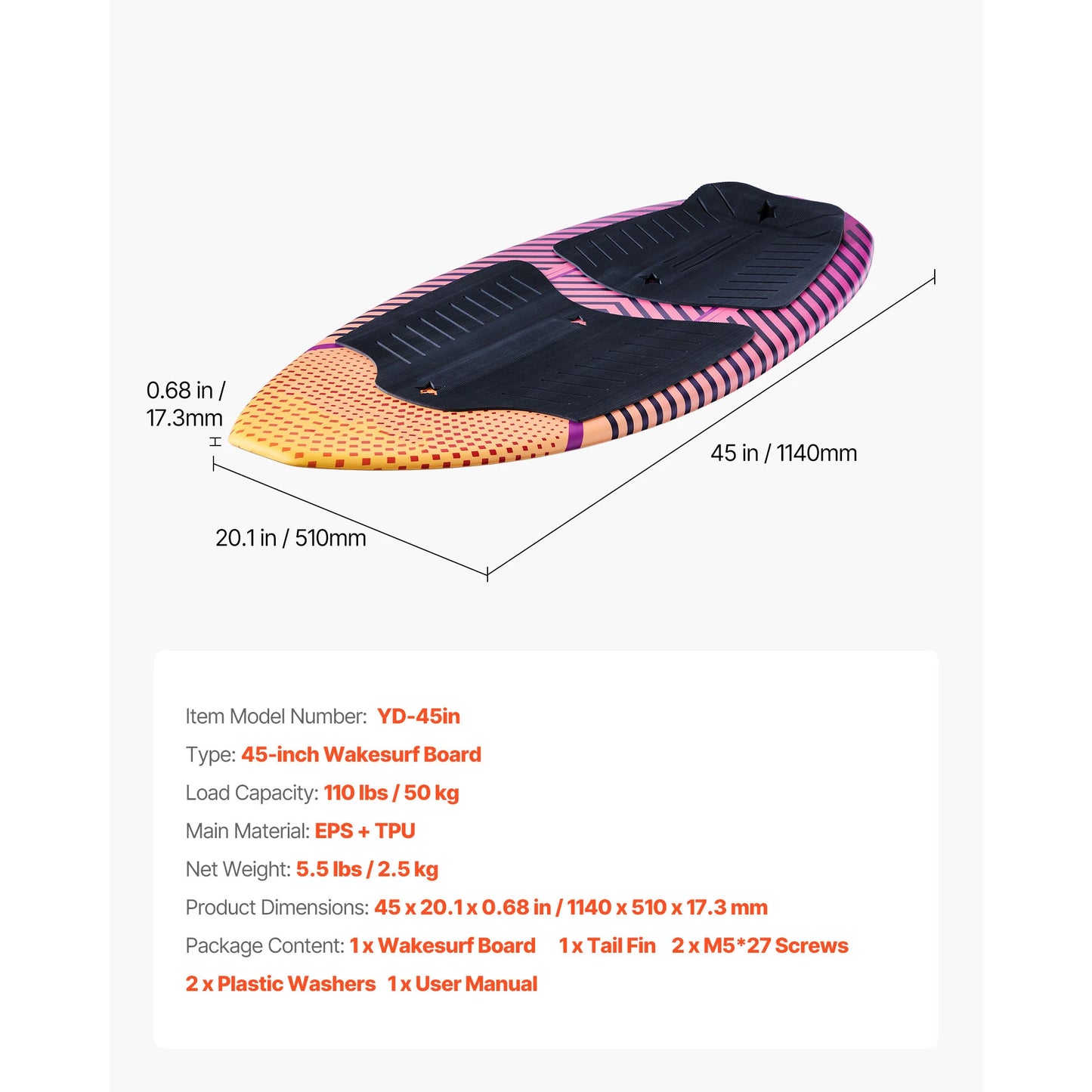 SucceBuy 45/63In Wakesurf Board Wake Surfing Board with EPS Foam Core & EVA Non-Slip Pad UV-Resistant for Youth Up to 110/250lbs