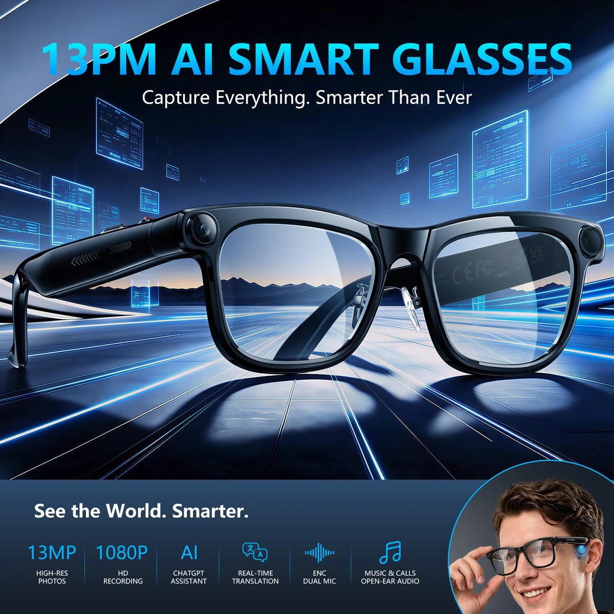 KAIGERR 300mAh Smart Glasses 4K 1300W Pixels Camera Video Recording AI Photo Recognition Bluetooth Call Voice Translation Men Women Sunglasses Smart Devices