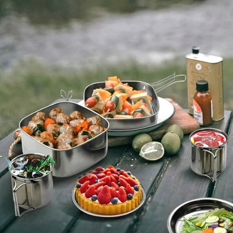 6Pcs Backpacking Camping Cookware Mini Picnic Camping Cooking Mess Kit, Stainless Steel Pots Pan Plates Set for Hiking, Backpacking, Bushcraft and Picnic, Included Carry Bag