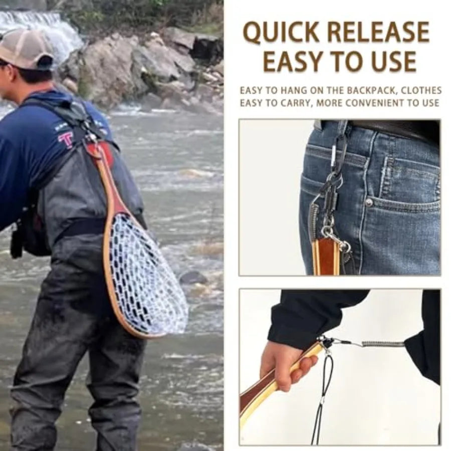 Square Head Fly Fishing Landing Net Trout Soft 23.62in Rubber Catch and Release Fish Net with Wooden Handle Frame Magnetic Fly