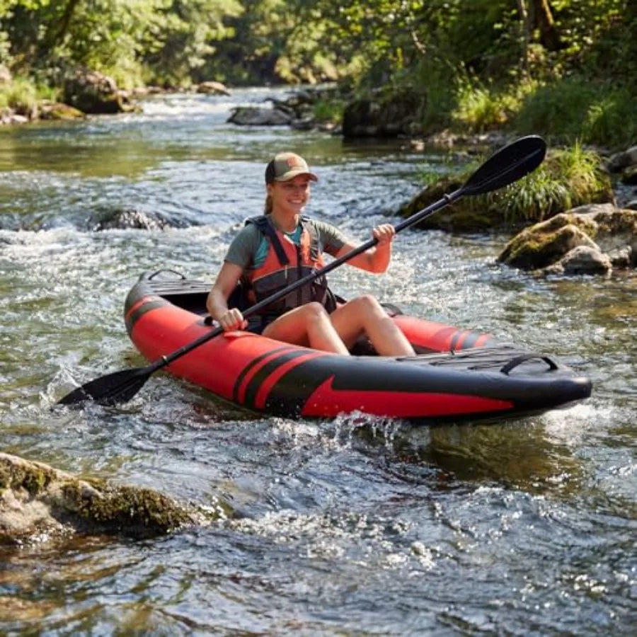 1-Person Inflatable Kayak for Fishing, Touring, Recreational Paddling Red Drop-Stitch Floor, Lightweight, Portable, Durable Sol