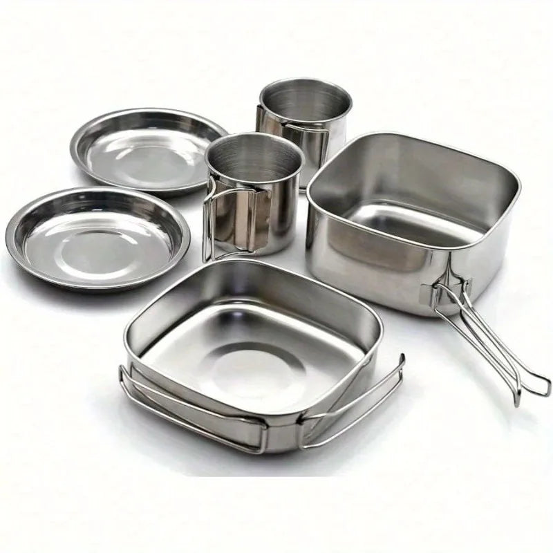 6Pcs Backpacking Camping Cookware Mini Picnic Camping Cooking Mess Kit, Stainless Steel Pots Pan Plates Set for Hiking, Backpacking, Bushcraft and Picnic, Included Carry Bag