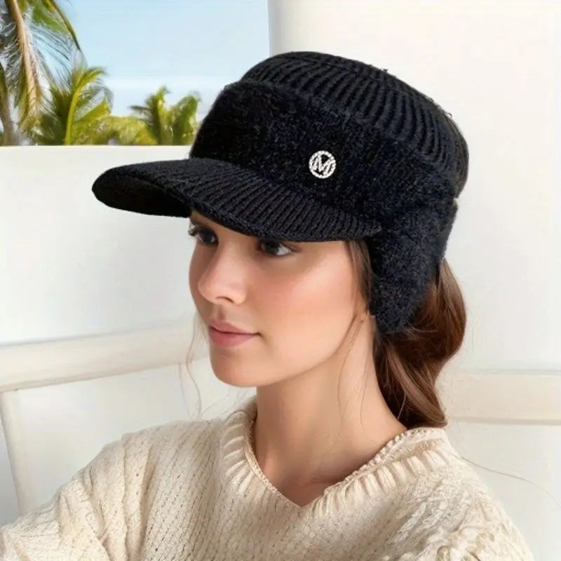 winter women's hat empty top wool ear protection cap leaky ponytail thick warm knit hat