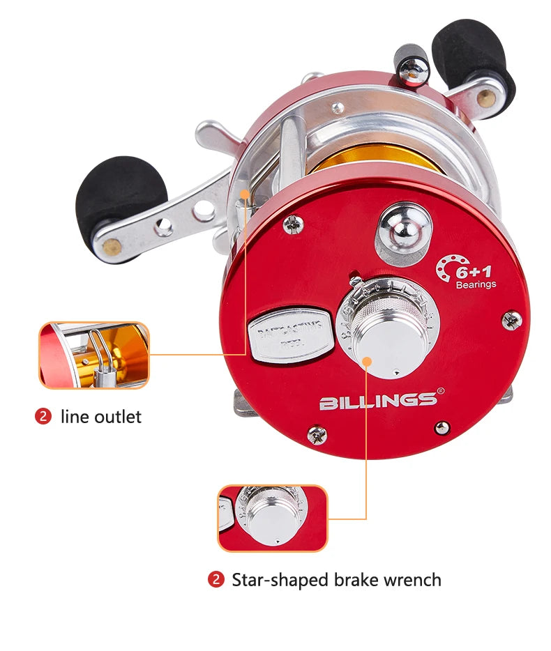 BILLINGS Trolling Drum Fishing Reel 20LB Max Drag 4.2/5.2:1 Gear Ratio CNC Aluminum Spool 6+1 Stainless Steel Bearings Smooth Right Hand Baitcasting Reel for Freshwater Saltwater