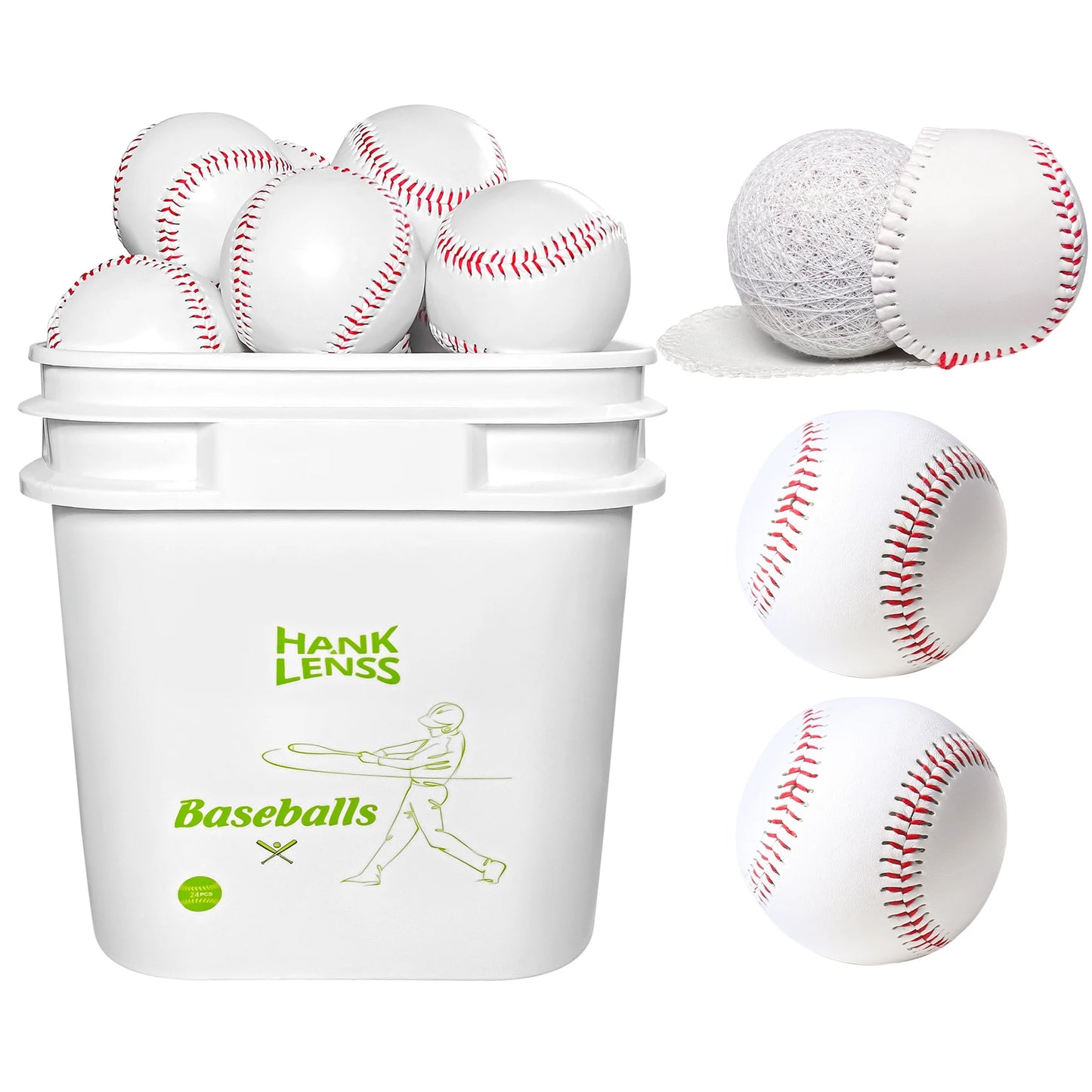 Bucket of Baseballs - 24 Pack Standard Size Adult Training Balls for Pitching, Hitting, Fielding - Unmarked & Leather Covered Pr