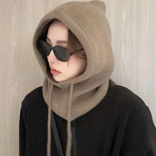 Knitted Hooded Caps Winter Balaclava Hats Women Style Outdoor Warmer Drawstring Hats One-piece Neck Collar Beanies Cap