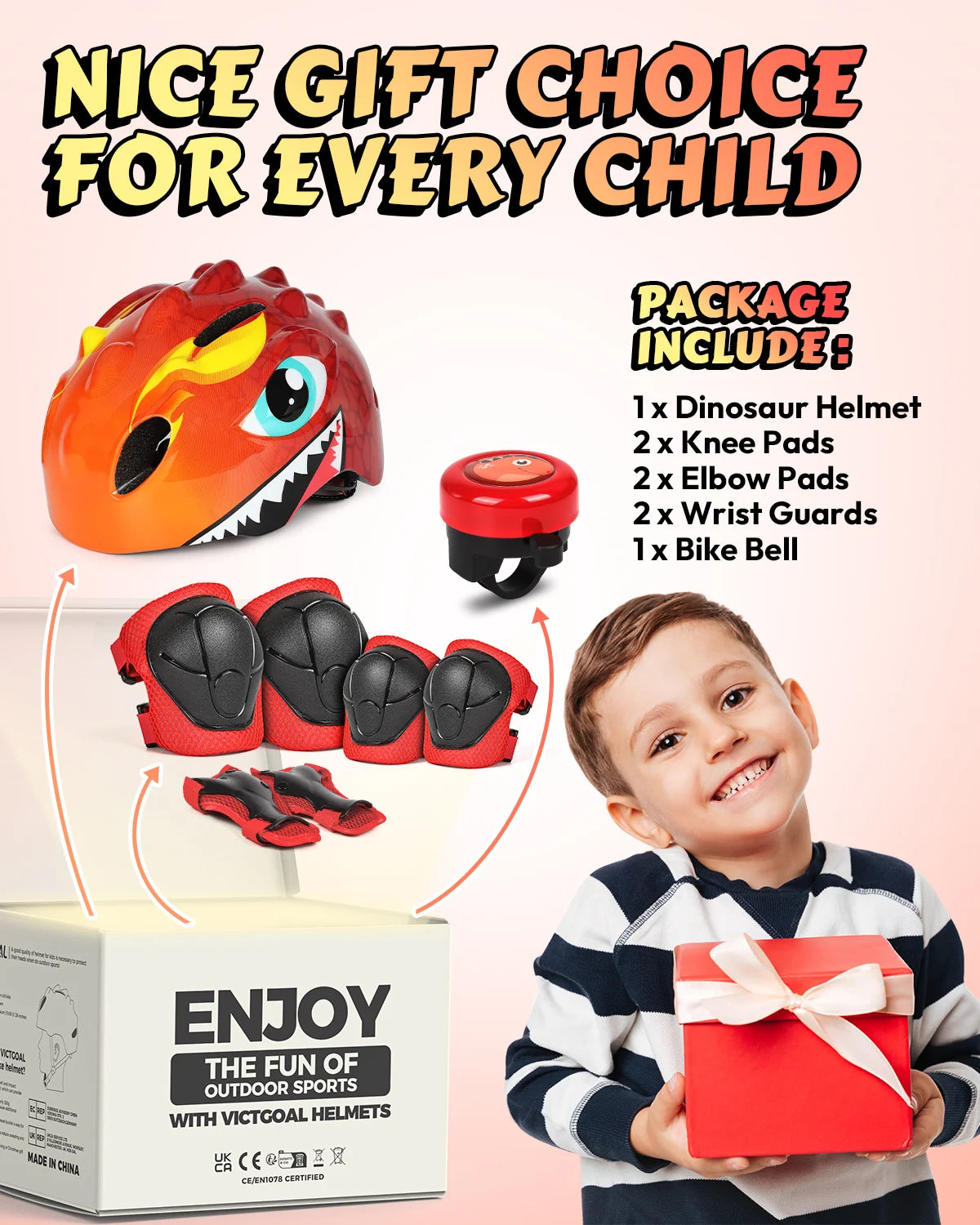 VICTGOAL Kids Bike Helmet Children Bicycle Bell Knee Elbow Pads Wirst Guards Sports Protective Gear for Cycling Balance Bike Skateboard