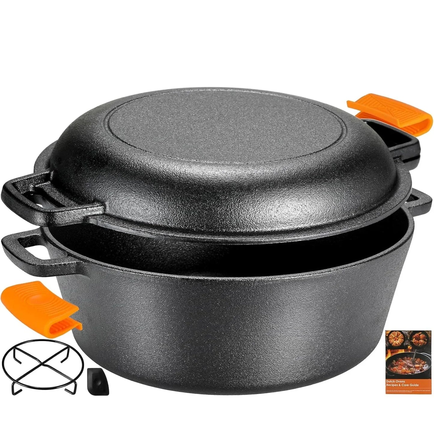 Pre-Seasoned Cast Iron Double Dutch Oven With Loop Handles, 5.1 Quart Pot + 1.9 Quart Lid - Cast Iron Dutch Oven with Lid