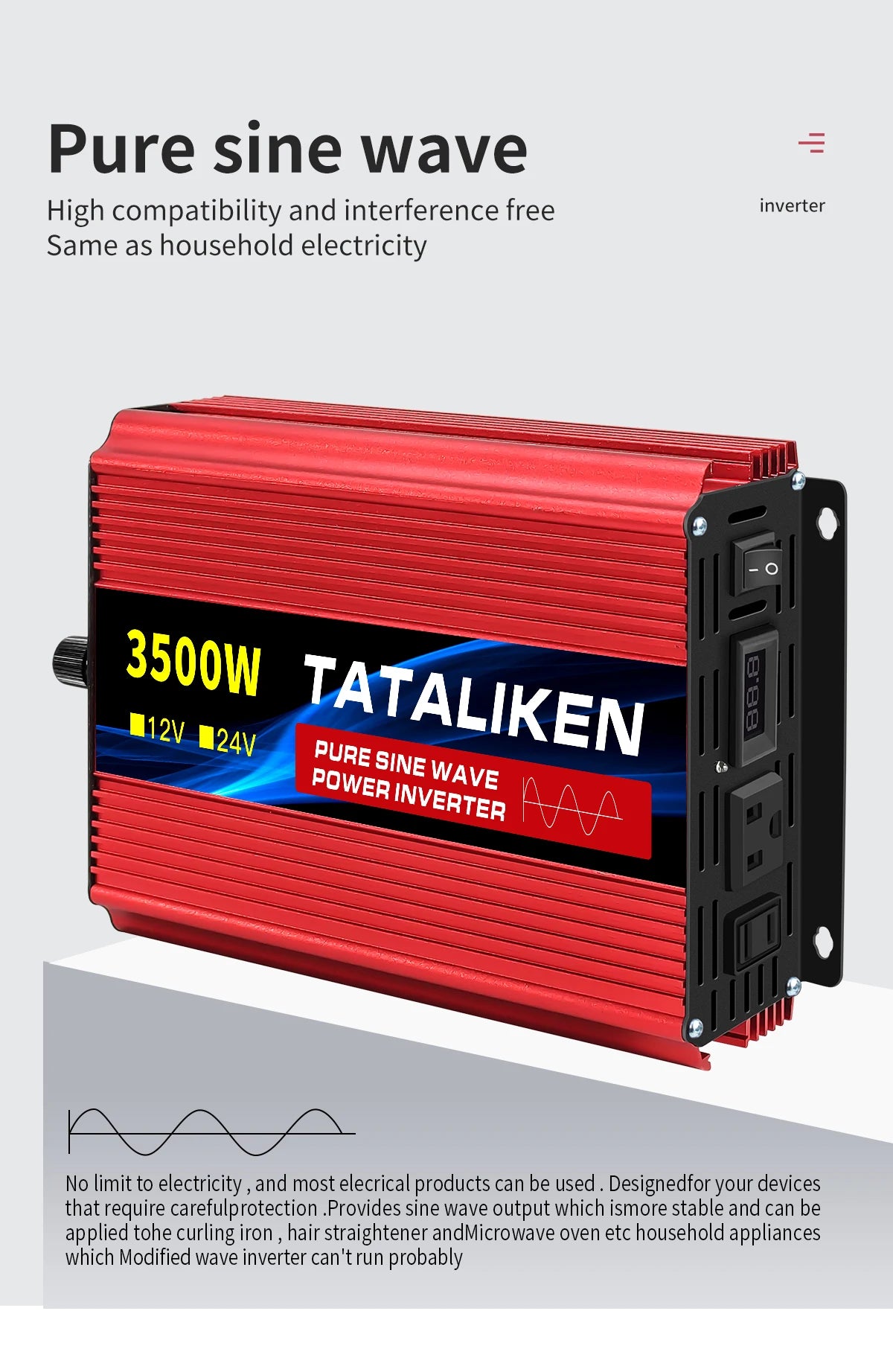 1600w-4500W 12V/24V to AC 110V 60Hz Pure Sine Wave Inverter Car Power Transformer  Voltage Portable  Converter with LED Display