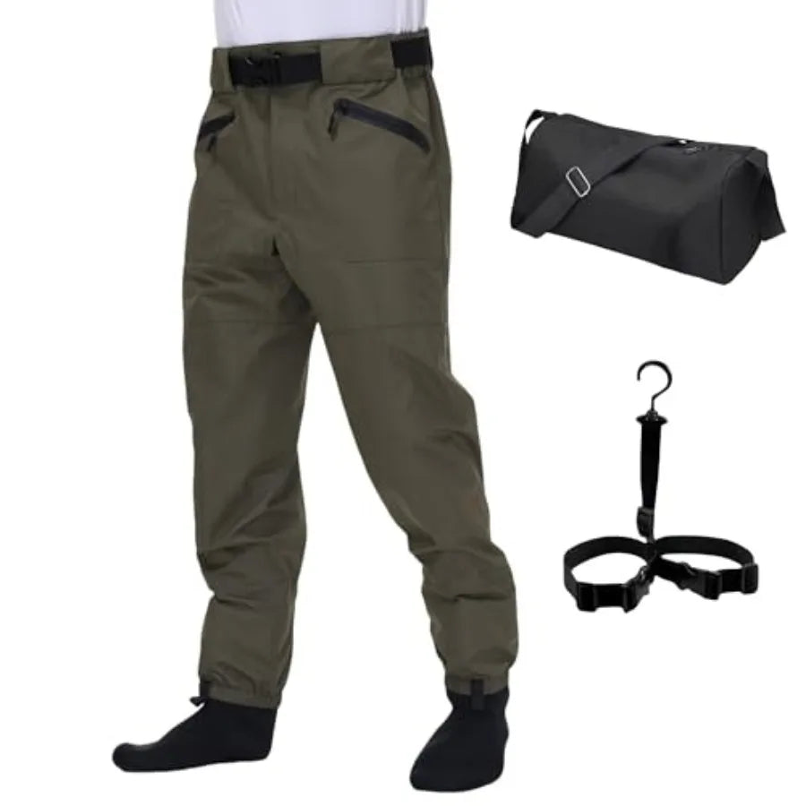 Fishing Waders for Men and Women, Wading Pants with Neoprene Stocking Foot, Fishing Waist Waders Pants with Pockets