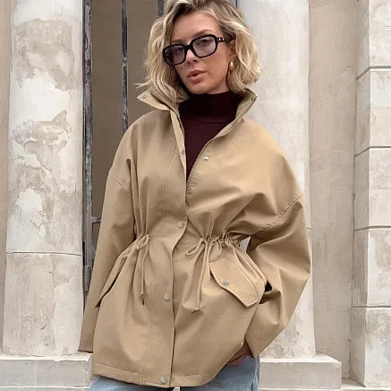 Autumn Barn style retro tooling trench coat women's medium and long drawstring waist lace slack simple casual coat