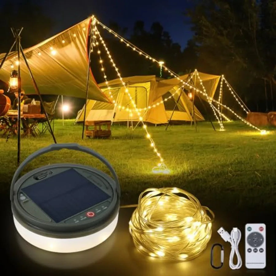 4 in 1 Solar Camping String Lights, Ultra Long String with 160LEDs, Solar Powered and USB Rechargeable Light with Remote Contro