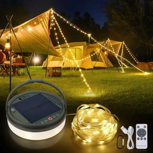 4 in 1 Solar Camping String Lights, Ultra Long String with 160LEDs, Solar Powered and USB Rechargeable Light with Remote Contro