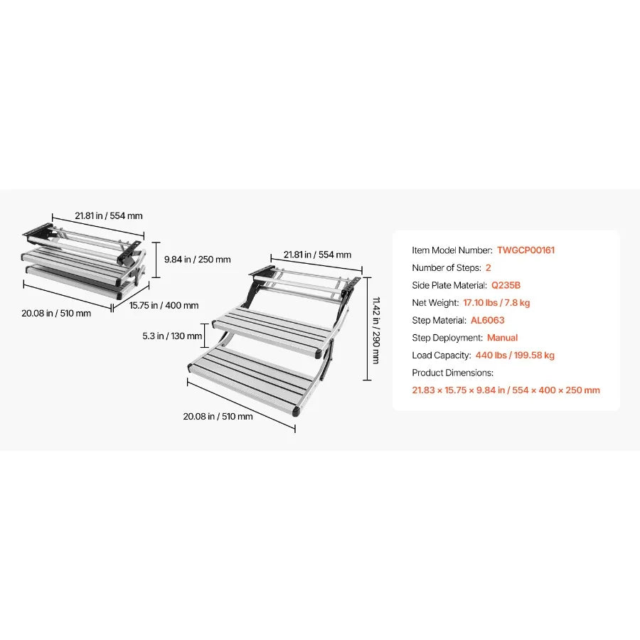 RV Steps, 2-Step, 440 lbs Load Capacity, Manual Retractable RV Stairs, Telescopic Folding Aluminum Alloy Camper Steps, Steel Frame Non-Slip Entry Stairs for Camper Van Motorhome Travel Trailer
