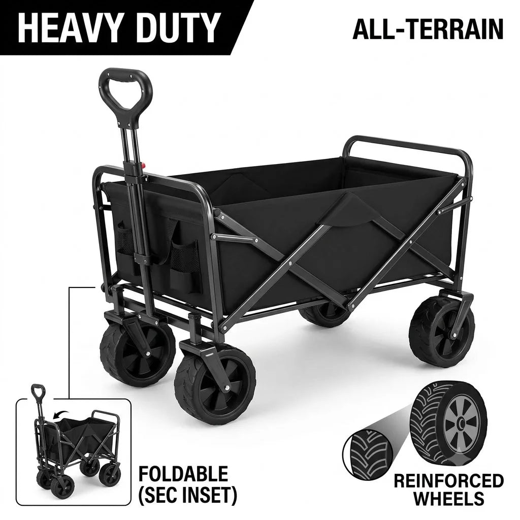 [Heavy Duty] Folding Wagon Cart | Heavy Duty | 360°All Terrain Wheels, Side Pockets, Large Capacity Collapsible | For Camping,