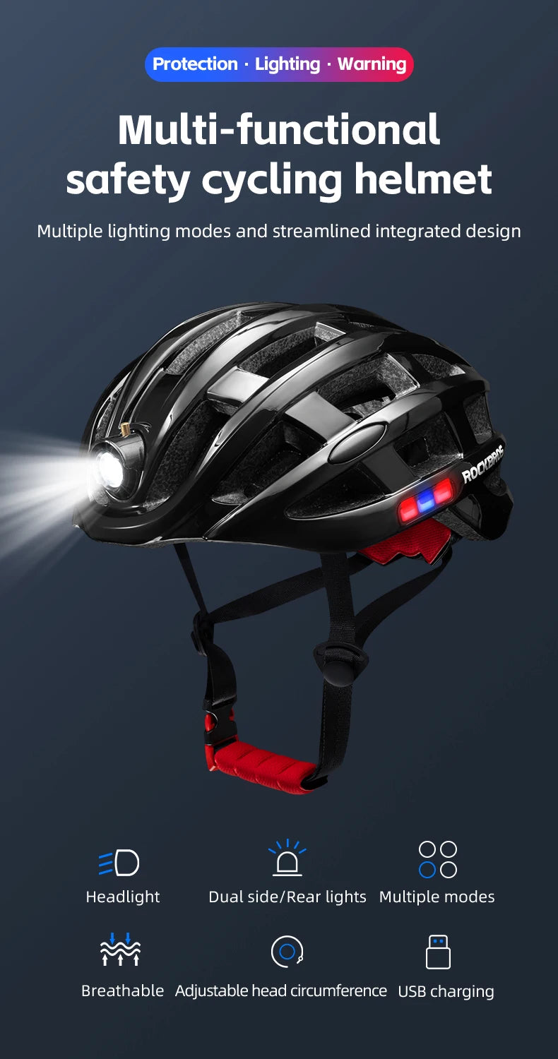 ROCKBROS Bike Headlamp Cycling Helmet Ultralight USB Charging Bicycle Light Helmet Sports Safety MTB Bike Cap For Men Women